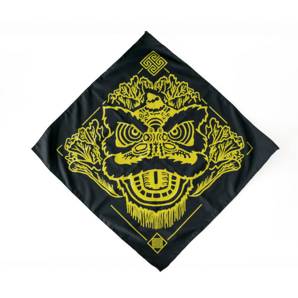 Black bandana with yellow screenprinted graphic